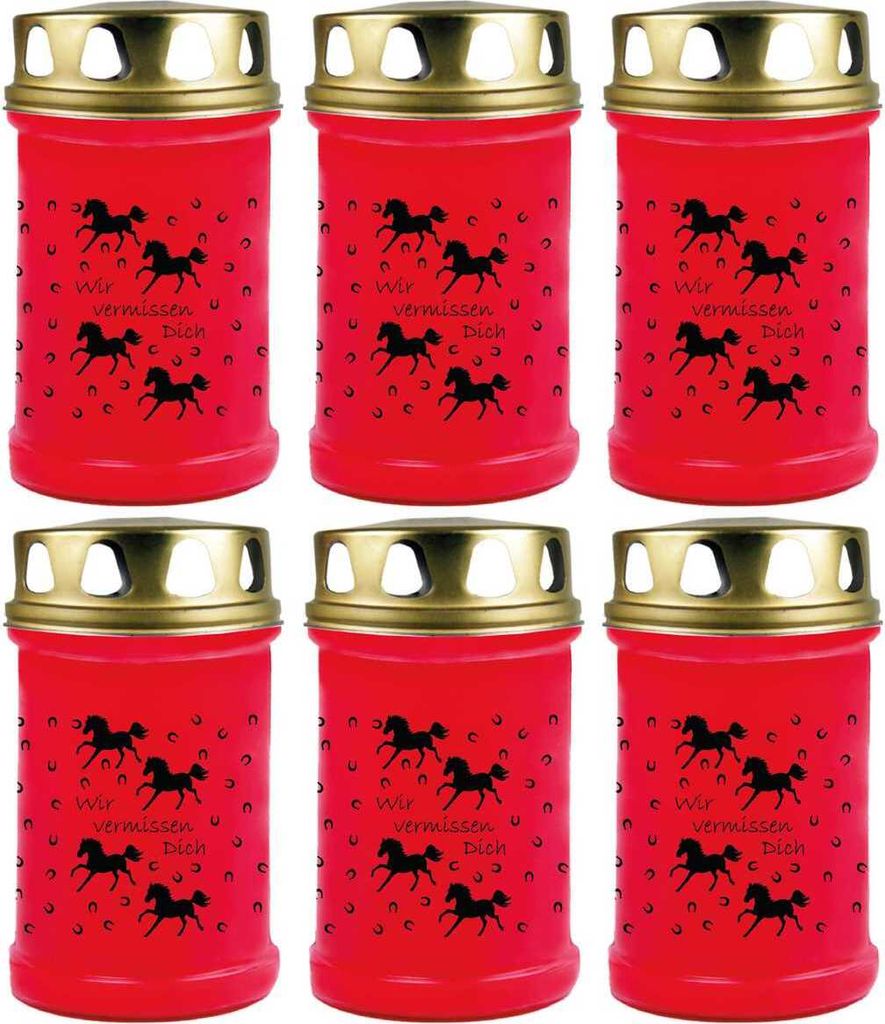 Grabkerze Rot 6er Pack, Brenndauer: 48 Stunden ( je Kerze ), Motiv: Pferde