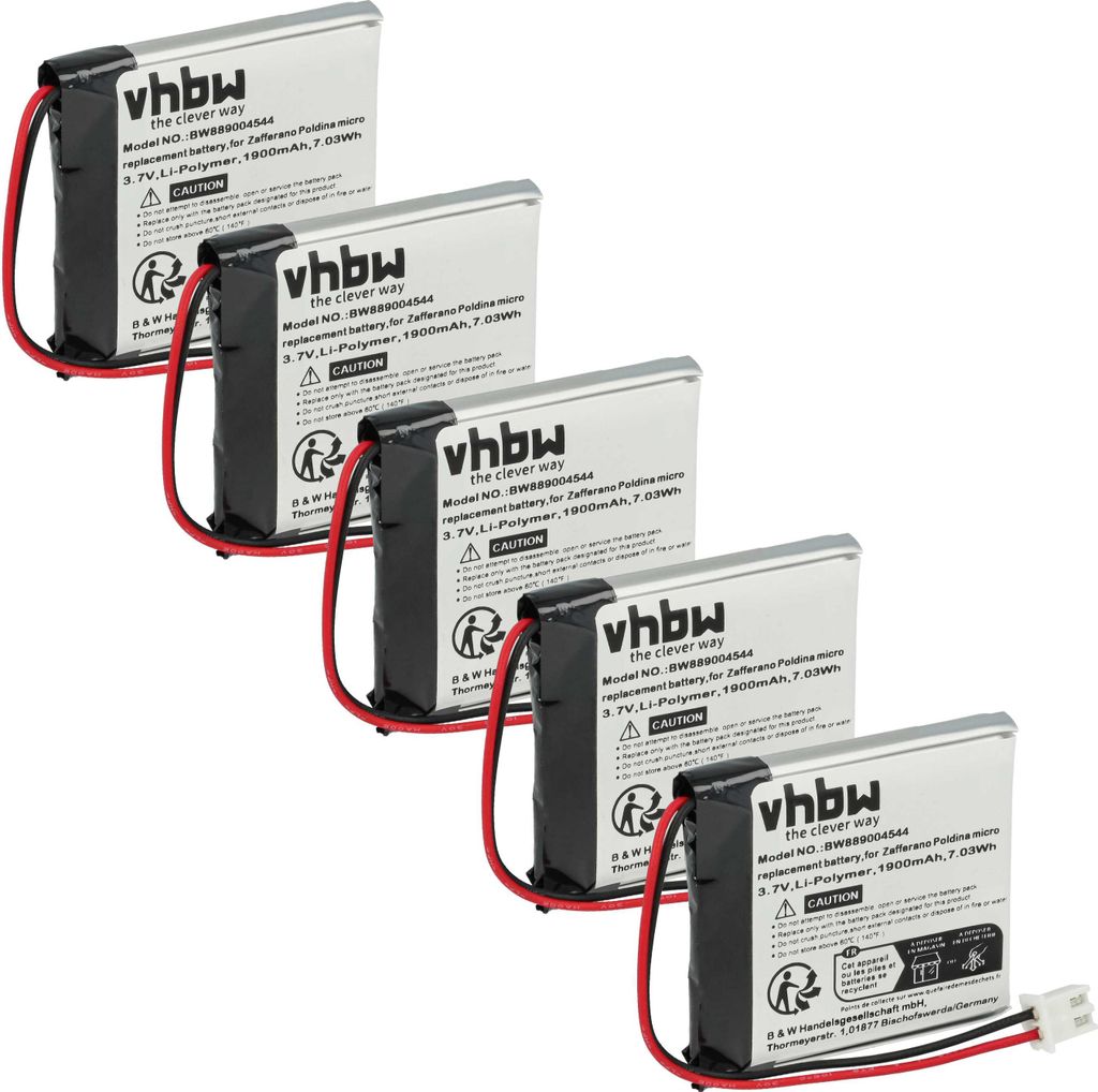 vhbw 5x Akku Ersatz für Zafferano BAT04704004001000 für Tischlampe, Nachttischlampe (1900 mAh, 3,7 V, Li-Polymer)