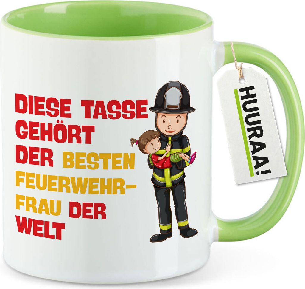 Huuraa Kaffeetasse Tasse gehört der besten Feuerwehrfrau der Welt 330ml Grün Keramik Kaffeebecher Geschenkidee