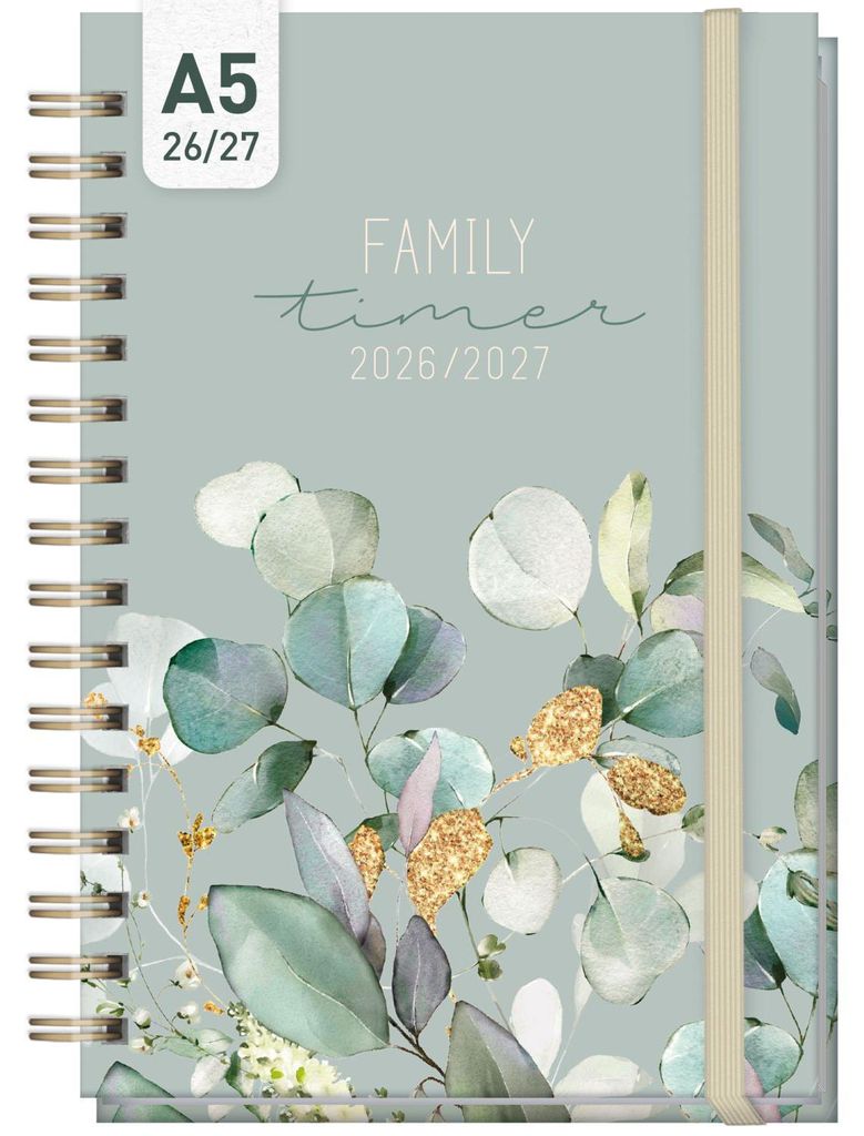 Family-Timer 2026/2027 / 17 Monate / A5 / Minty Leaves / Häfft-Verlag