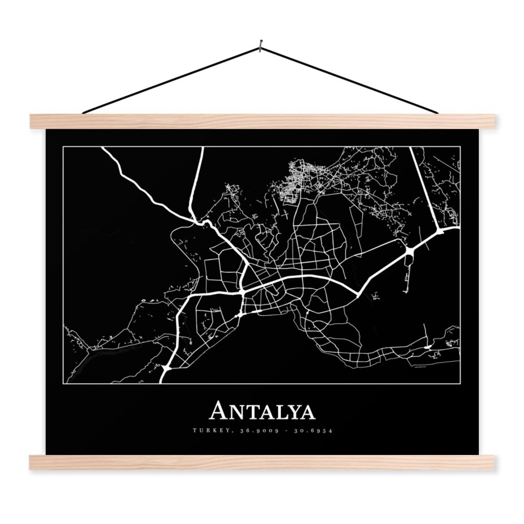 MuchoWow Textilposter Karte - Antalya - Stadtplan 120x90 cm mit holzfarbenen Rahmen - Magnetisch