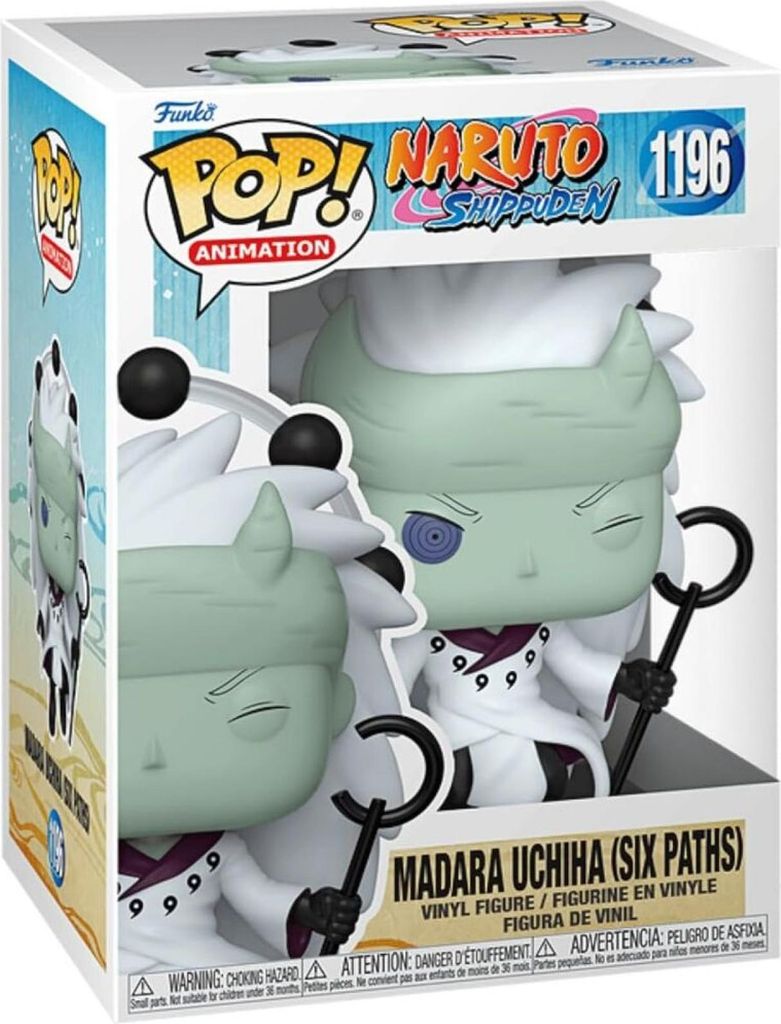 A Funko Pop! vinyl figure of Madara Uchiha (Six Paths) from Naruto Shippuden, displayed in its original packaging.