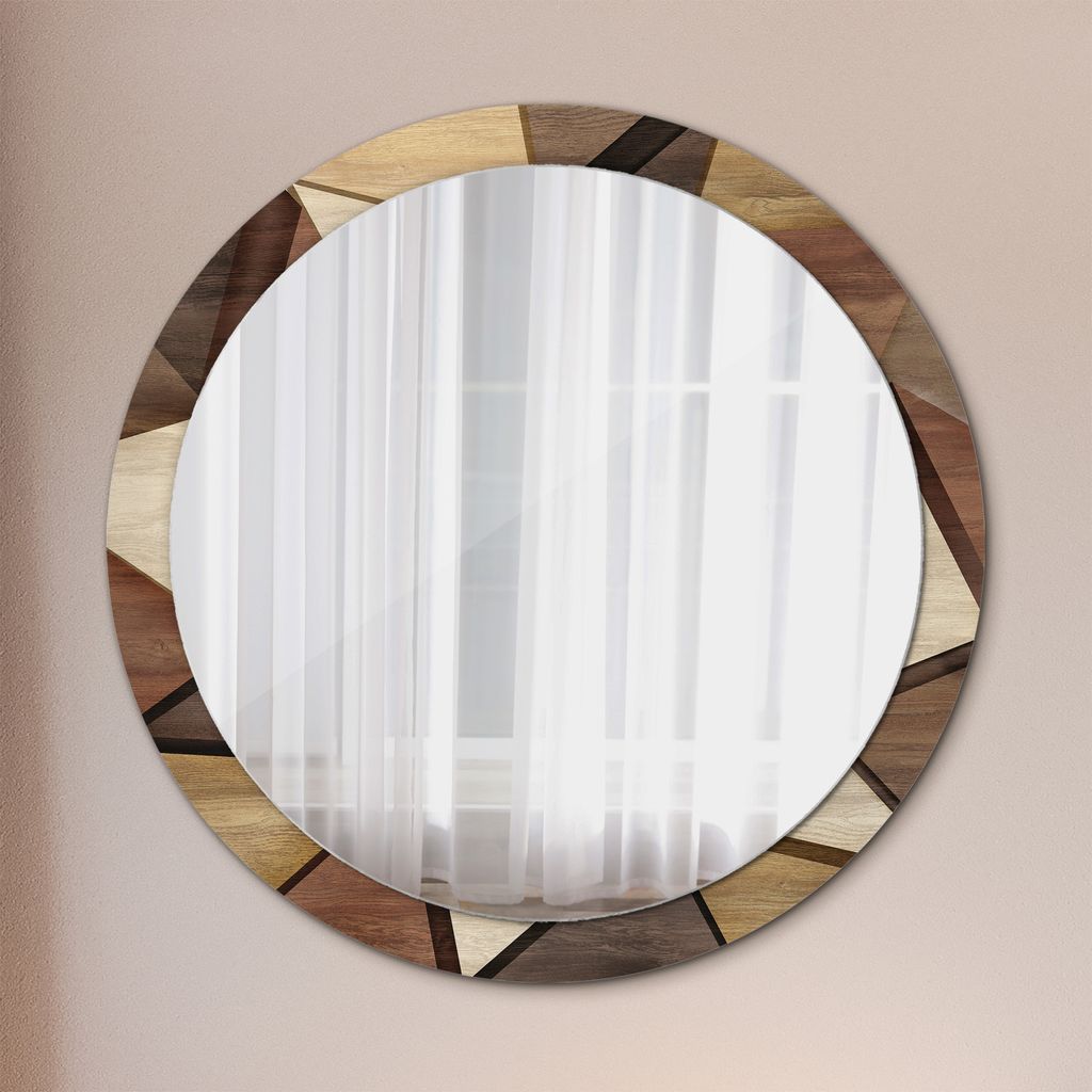 Ø100cm Spiegel - Glasrahmen mit Aufdruck - Wandspiegel Schlafzimmer - Geometrisch Holz 3d