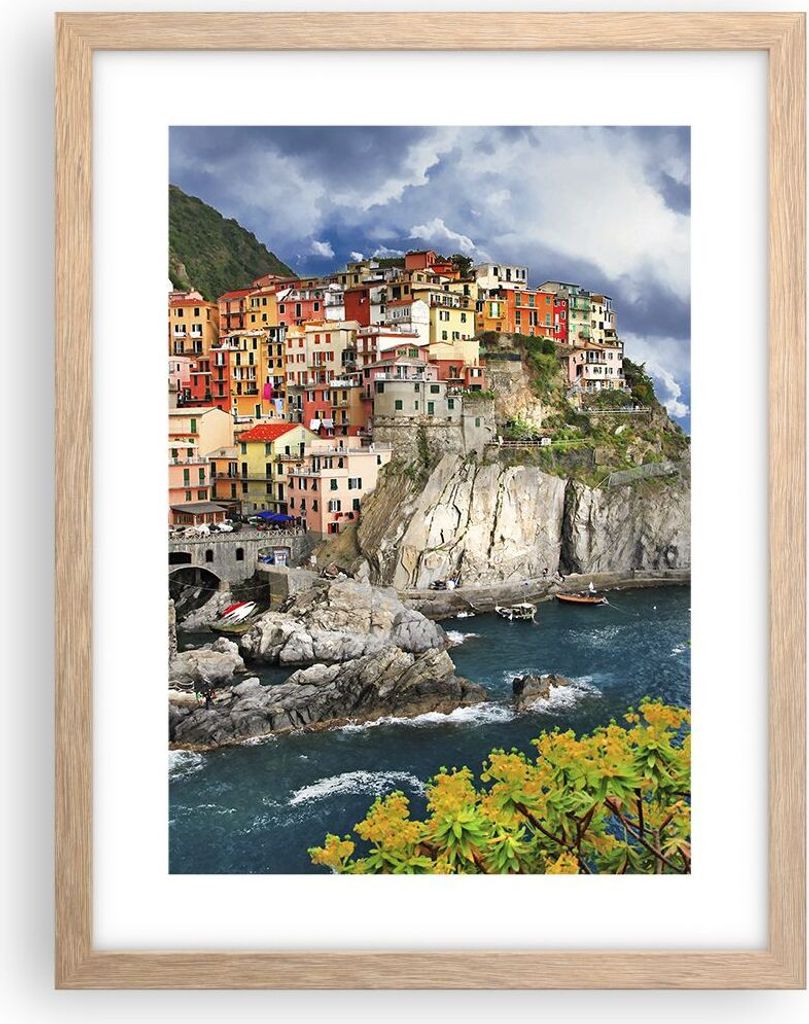 Gerahmtes Poster - Rahmen in heller Eiche - Italien küste felsen landschaft - 30x40 cm - Wand Bild - Wanddeko - Wandbilder - Wandposter - Bilderra...