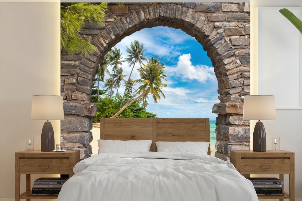 MuchoWow Fototapete für Wohnzimmer oder Schlafzimmer Wandtapete Vinyl Motivtapete Strand - Palme - Blick - Meer - Kanu - 240x240 cm - Schlafzimm...