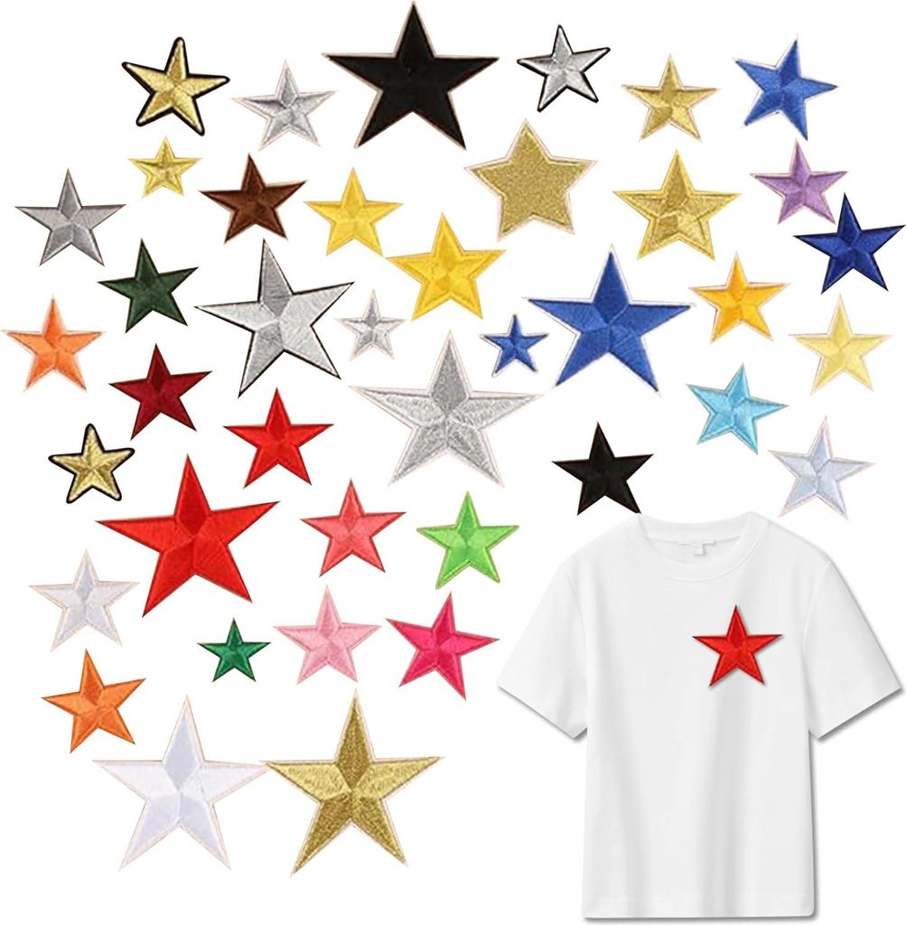 Allecto Plus - 40 Stück Sterne zum Aufbügeln - Gestickte Patches - Mini-Aufbügelbare Sterne - Selbstklebende Patches - T-Shirts Jeans Röcke Kle...