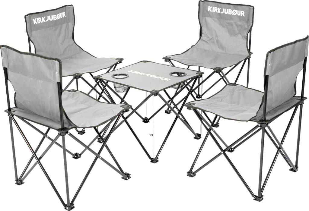 KIRKJUBØUR 5er-Set Campingstühle mit Tisch – klappbare Outdoor-Stühle & Tisch, 120 kg belastbar, inkl. Getränkehalter & Tragetasche grau | ...