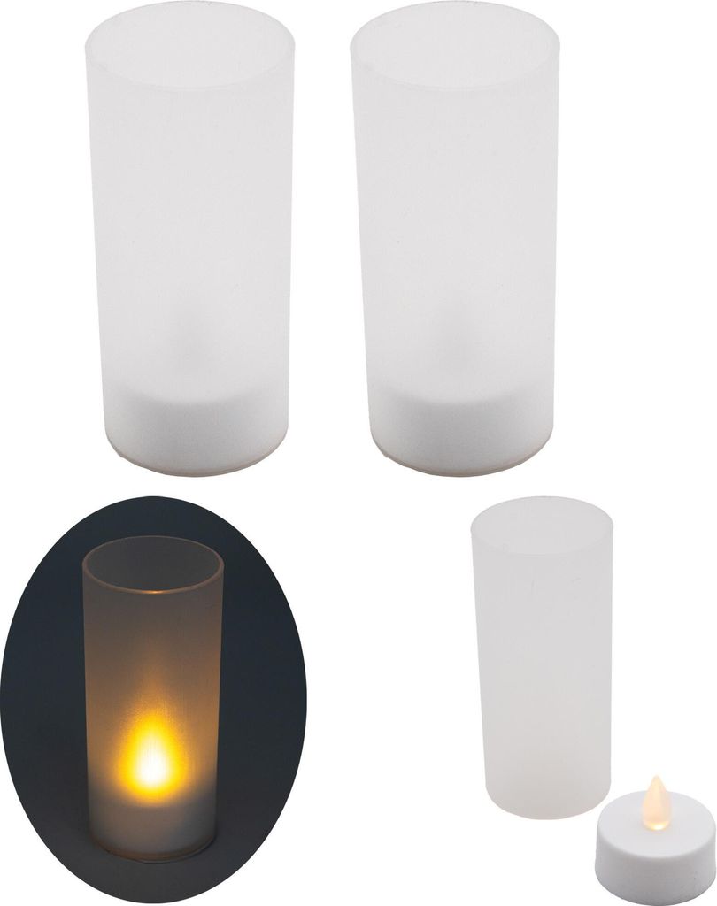 2x LED Windlicht Teelicht Kerze Batterie Glas Timer Warmweiß Kerzenhalter Flackernd