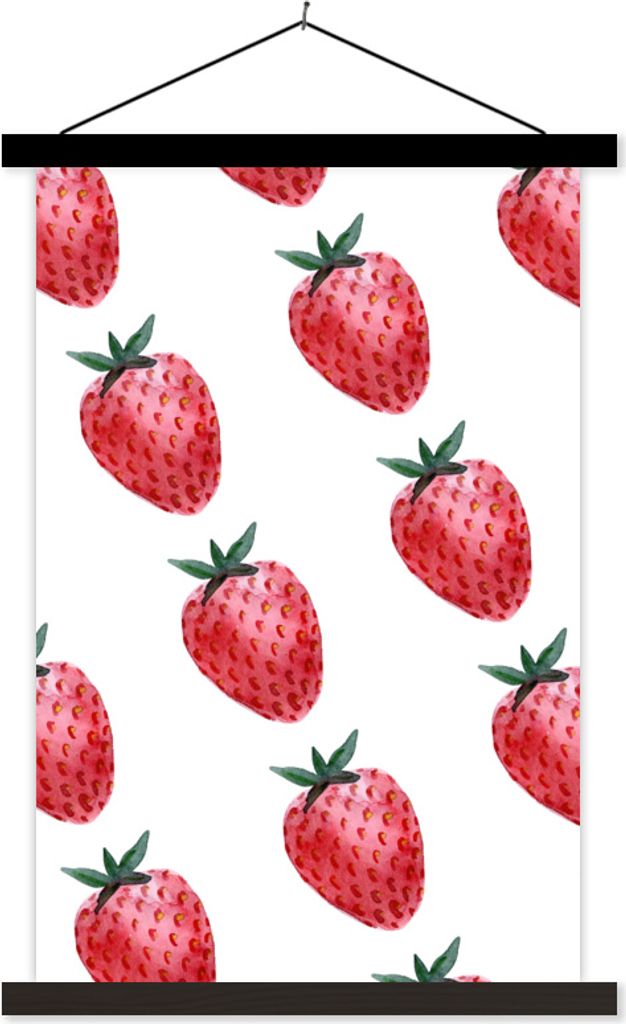 MuchoWow Textilposter Erdbeere - Wasserfarbe - Weiß 60x90 cm mit schwarzem Rahmen - Poster Wohnzimmer
