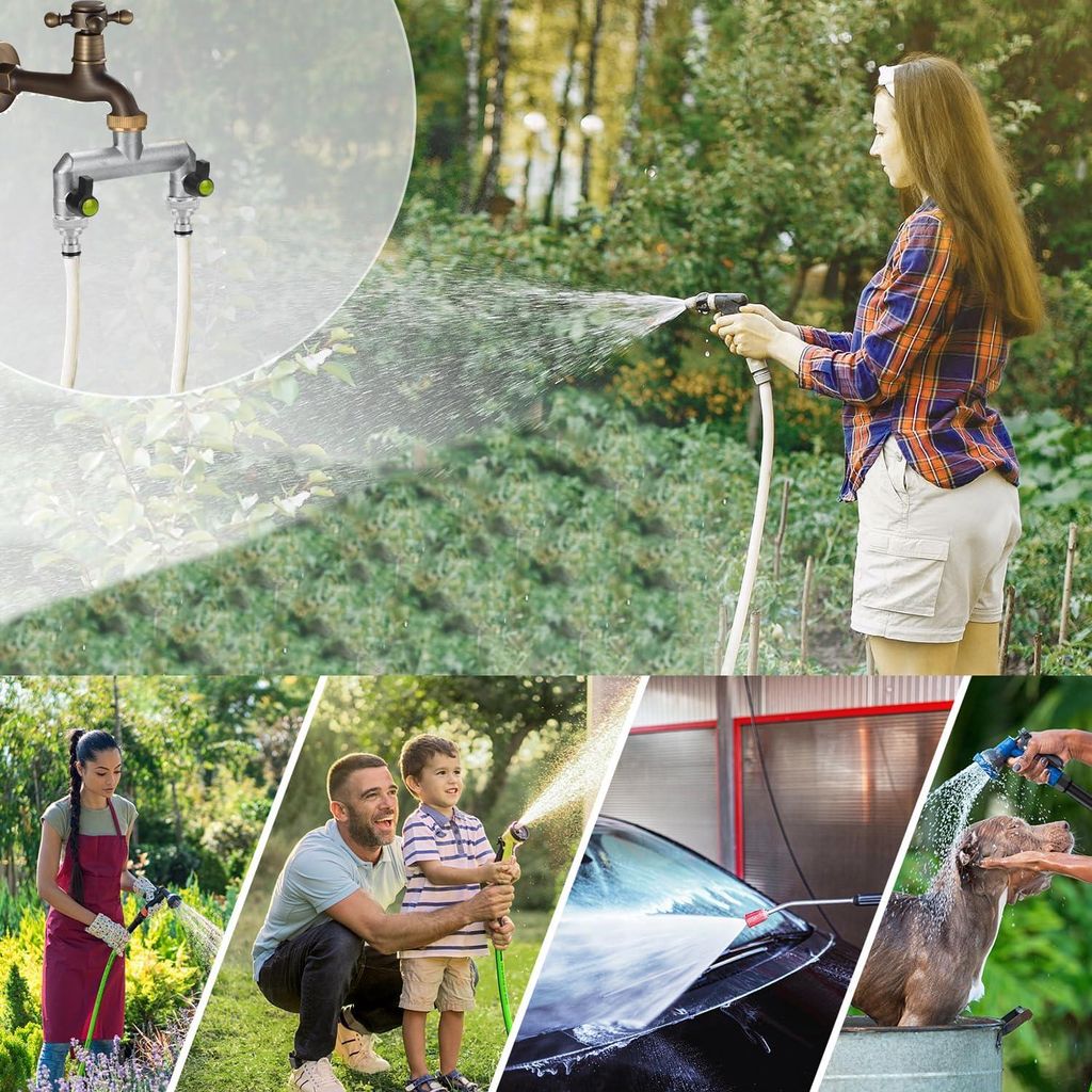 2-Wege-Dispenserhahn mit doppeltem Ausgang - Wasserverteiler - 2-Wege-Wasserdispenser - Hahnadapter - Gartenschlauch - 2-Wege-Hahnanschluss