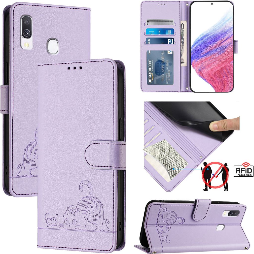 Leder Hülle für Samsung Galaxy A40 Süße Katze Flip Case Brieftasche Schutzhülle mit Standfunktion Lila