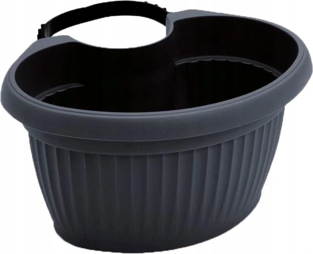 A dark gray oval planter with a ribbed texture and a black handle attached to the rim.