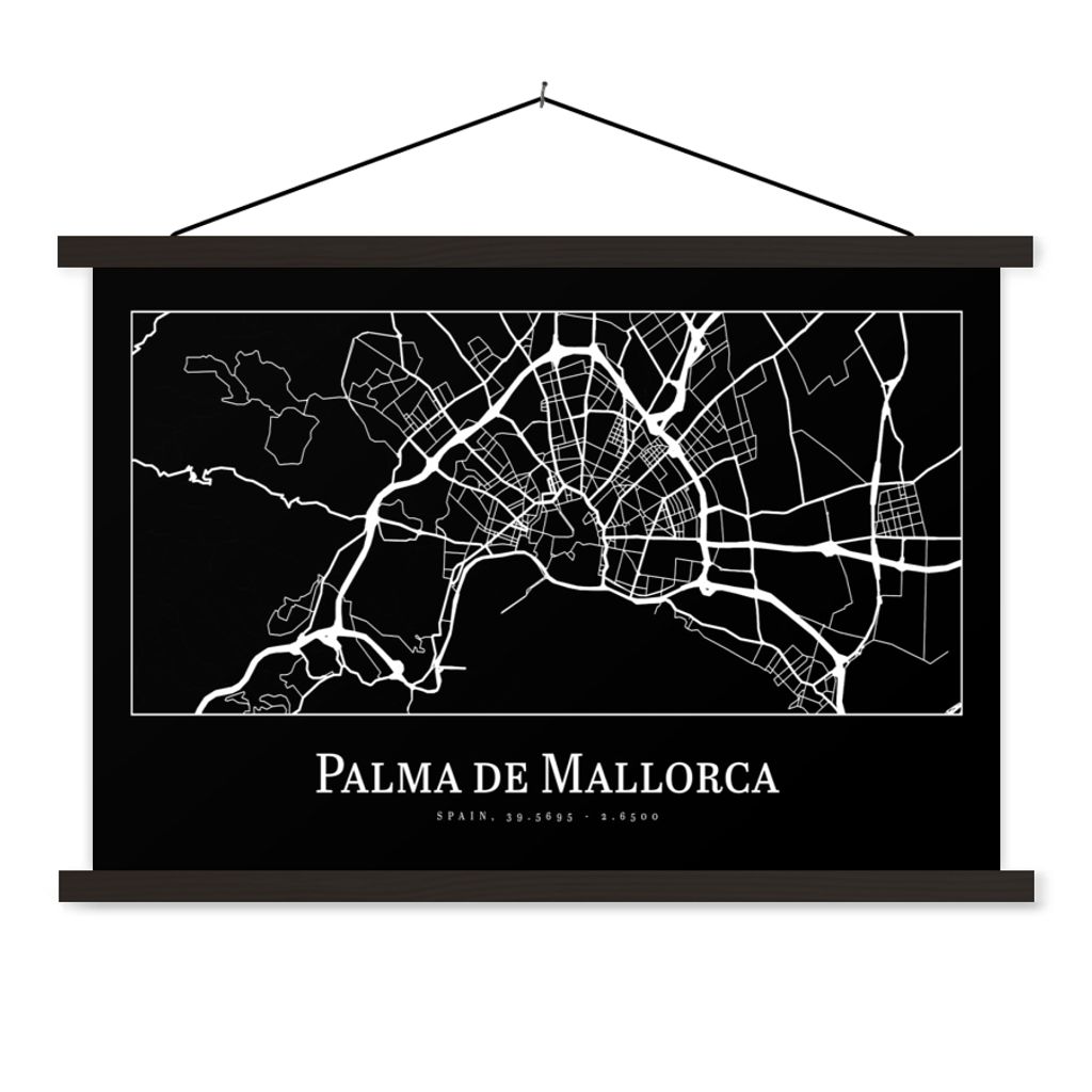 MuchoWow Textilposter Karte - Stadtplan - Palma de Mallorca - Karte 90x60 cm mit schwarzem Rahmen - Aufhängungssatz
