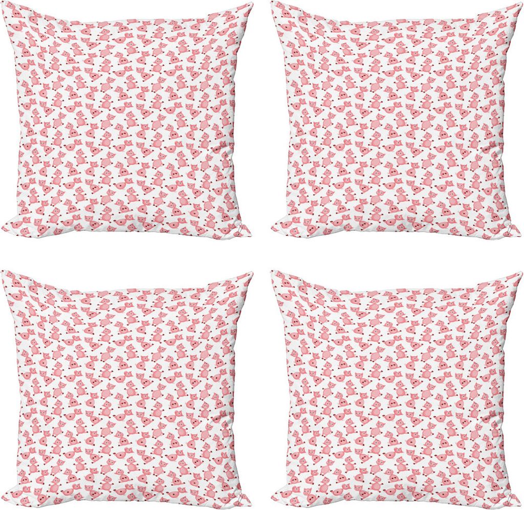 ABAKUHAUS Schwein Kissenbezug Set (4 Stück), Cartoon Lächeln Tiere, Moderner Doppelseitiger Digitaldruck, 50 cm x 50 cm, Pale Pink Weiß