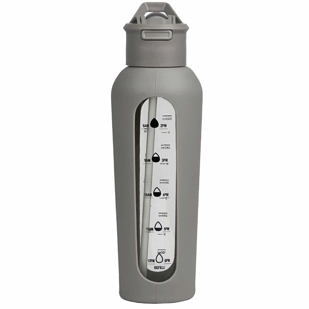 Tragbare Sport-Trinkflasche mit Saugnapfdeckel, 700 ml Fassungsvermögen, Scharnier mit abgestufter Silikonhülle, einlagiges Glas Grau