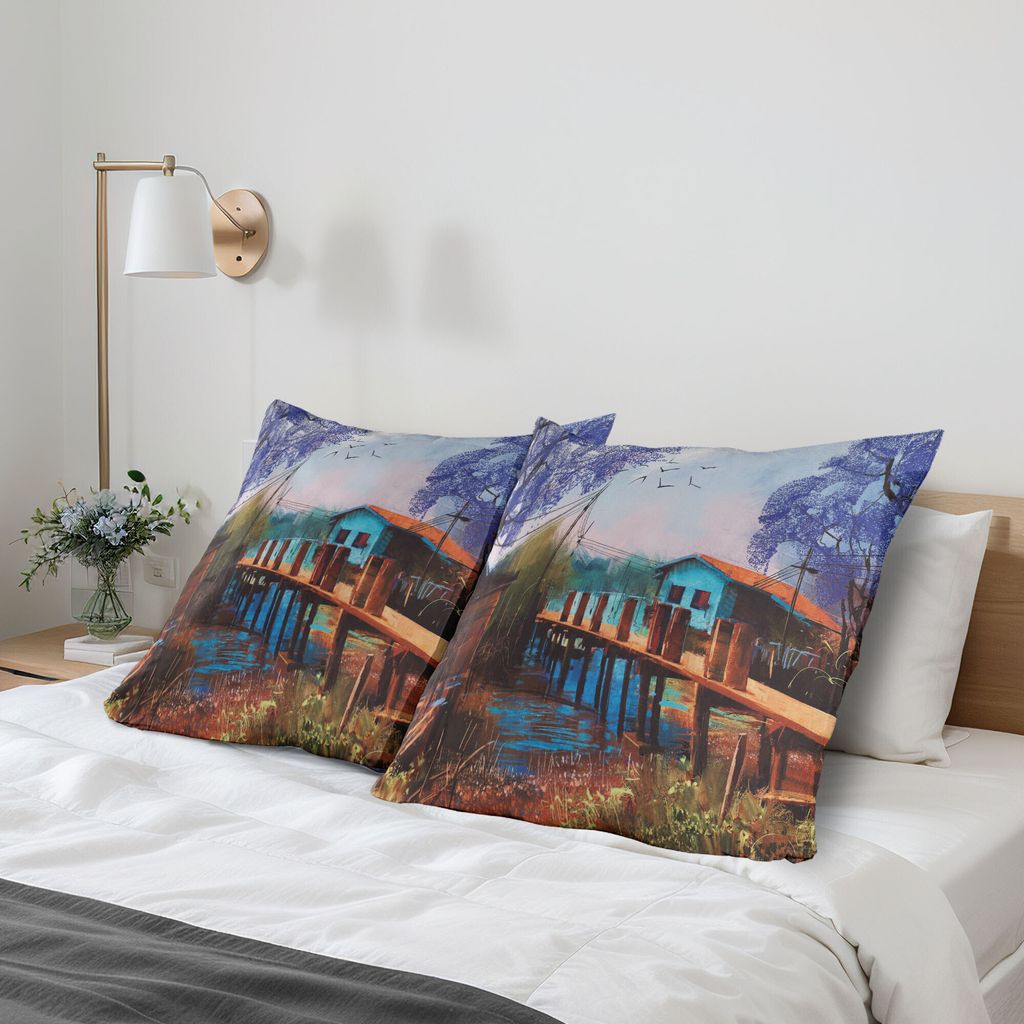 ABAKUHAUS Haus am See Kissenbezug Packung mit 2, Weinlese-Hand gezeichnetes Handwerker-Bild des Fischerdorfes mit alter Brücke und Möven, Dekorat...