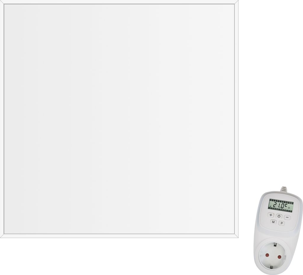 A white infrared heating panel and a white thermostat with a digital display and plug.