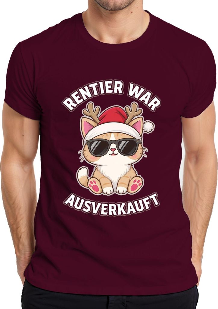 Rentier war t Katze Sonnenbrille Rentierhörner lustig Herren T-Shirt, Burgundy, XXL