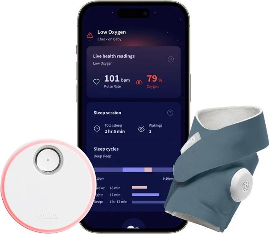 A smartphone displaying health readings and two baby monitoring devices.