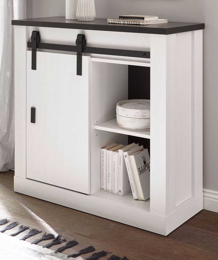 Kommode "Stove" in weiß Pinie anthrazit mit Schwebetüren 93 x 91 cm