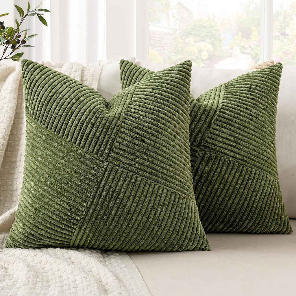 Kissenbezug 50x50 Matcha-Grün Cord 2er-Set Dekorative Kissenbezüge Sofakissen Dekorative Kissen mit gestreiftem Patchwork-Design für das Wohnzimmer