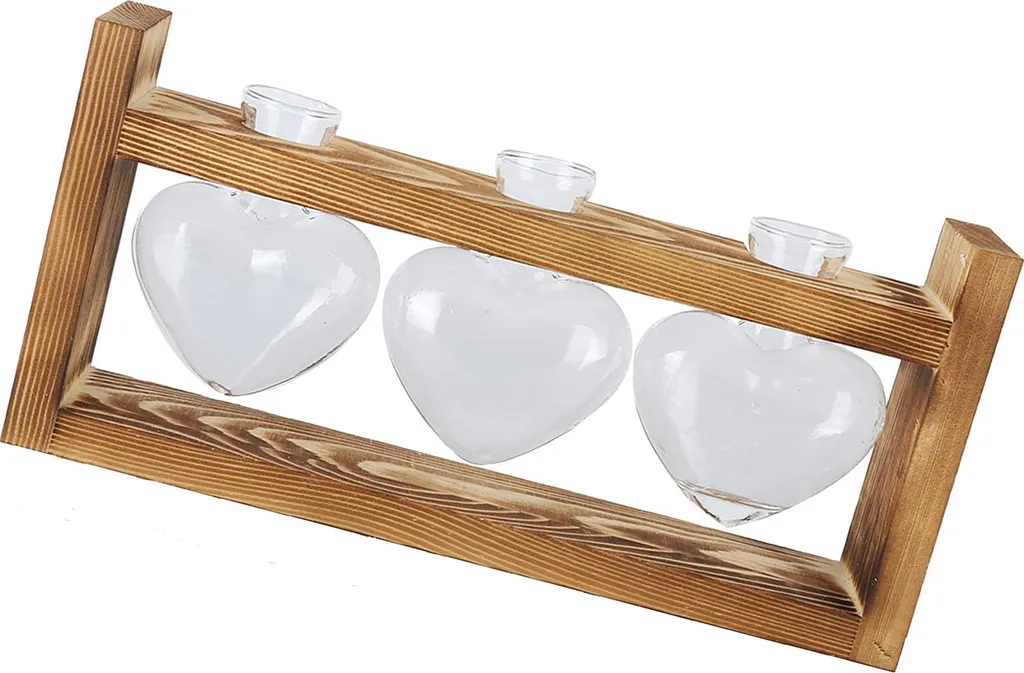 Jardinière de Table Transparente Vintage avec 3 Vases en Verre et Bois