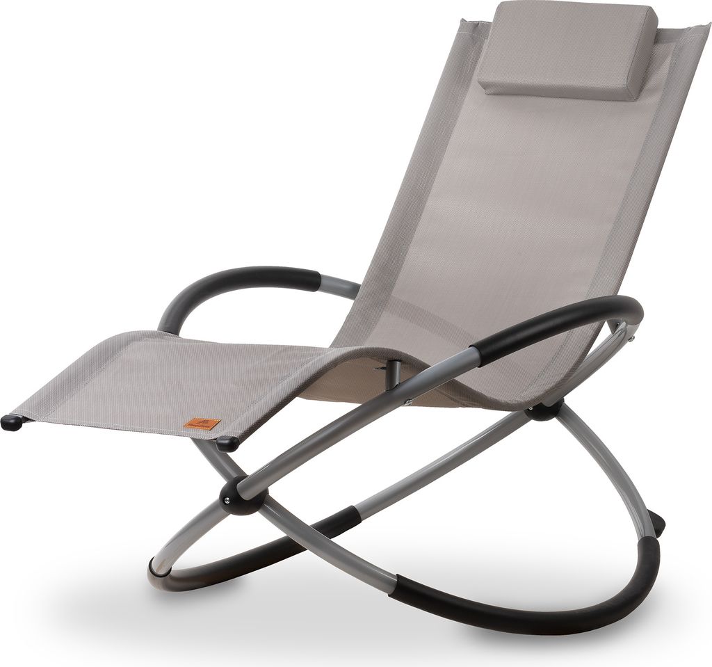 A gray reclining lounge chair with a headrest, shown on a white background.
