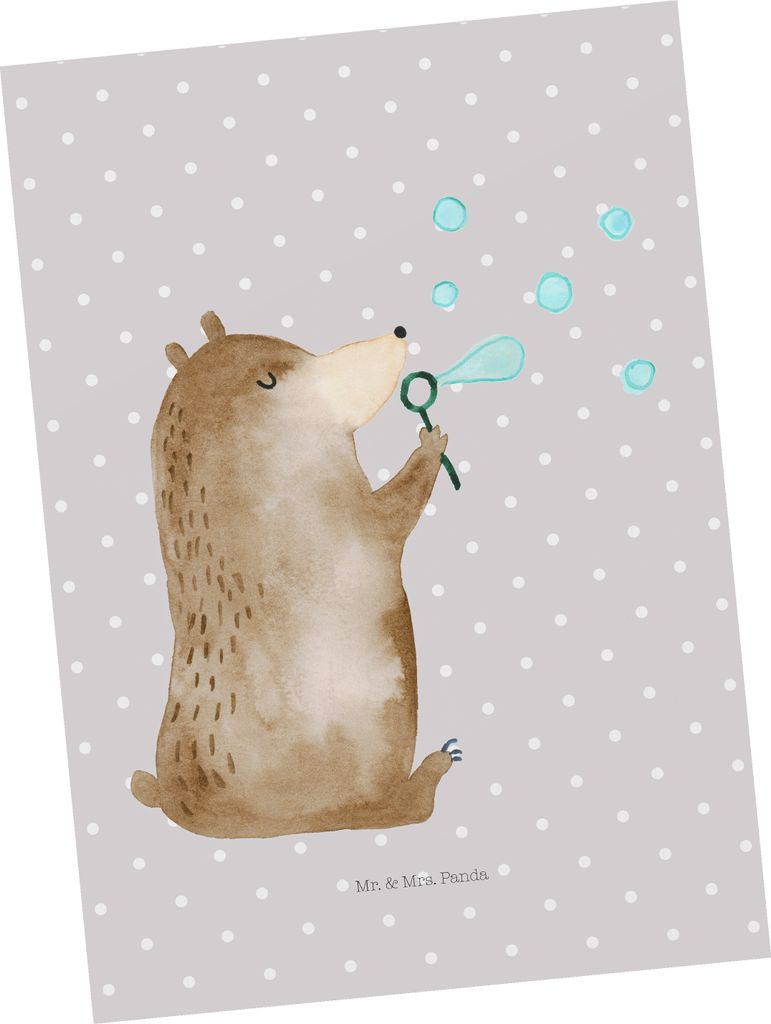 Mr. & Mrs. Panda Postkarte Bär Seifenblasen - Grau Pastell - Geschenk, Postkarten, Teddy, Grußkarte, kunstkarte, Lustig Sein Glücklich Traurig H...