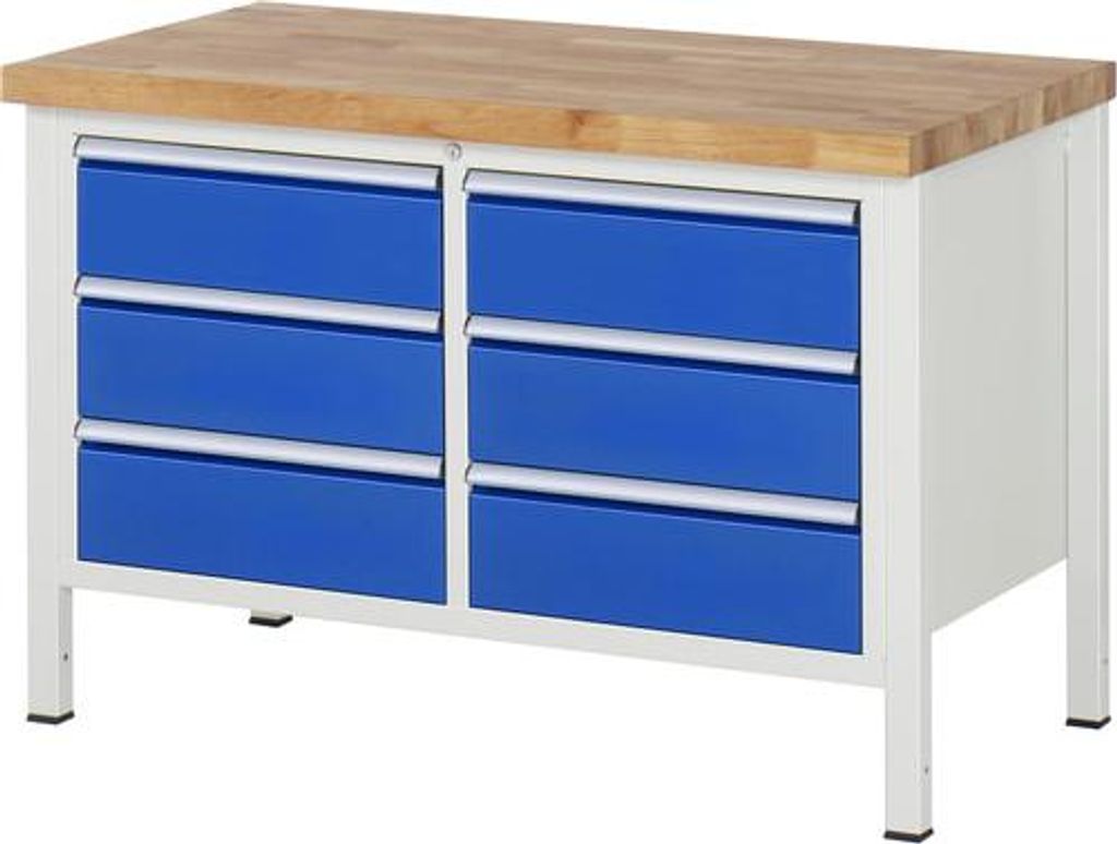 Werkbank mit 6 Schubladen - Vollauszug - 180:6 - höhenverstellbar 840-1.040 mm - 1.250 x 700 mm (BxT) - Traglast 1.250 kg - Buche
