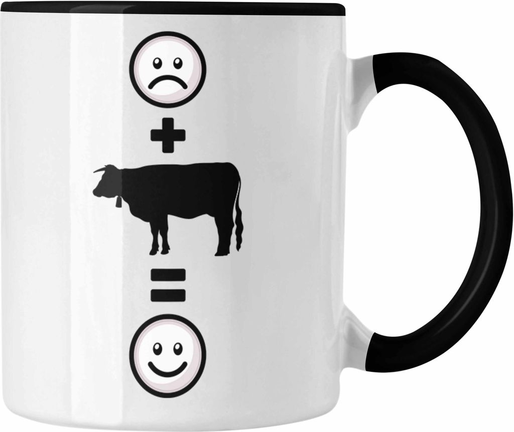 Trendation - Kühe Tasse Geschenk für Bauern Rinder Landwirt :( + Kuh = :) Lustige Geschenkidee Geburtstag (Schwarz)