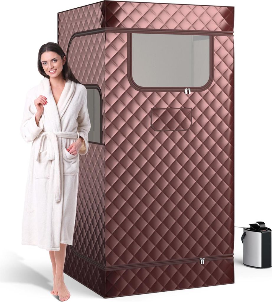 GOPLUS Dampfsauna tragbar für Zuhause, Temperaturregulierbare Ganzkörpersauna mit Fernbedienung und Timer, Heimsauna mit 3 L Dampfgenerator, Kaffee