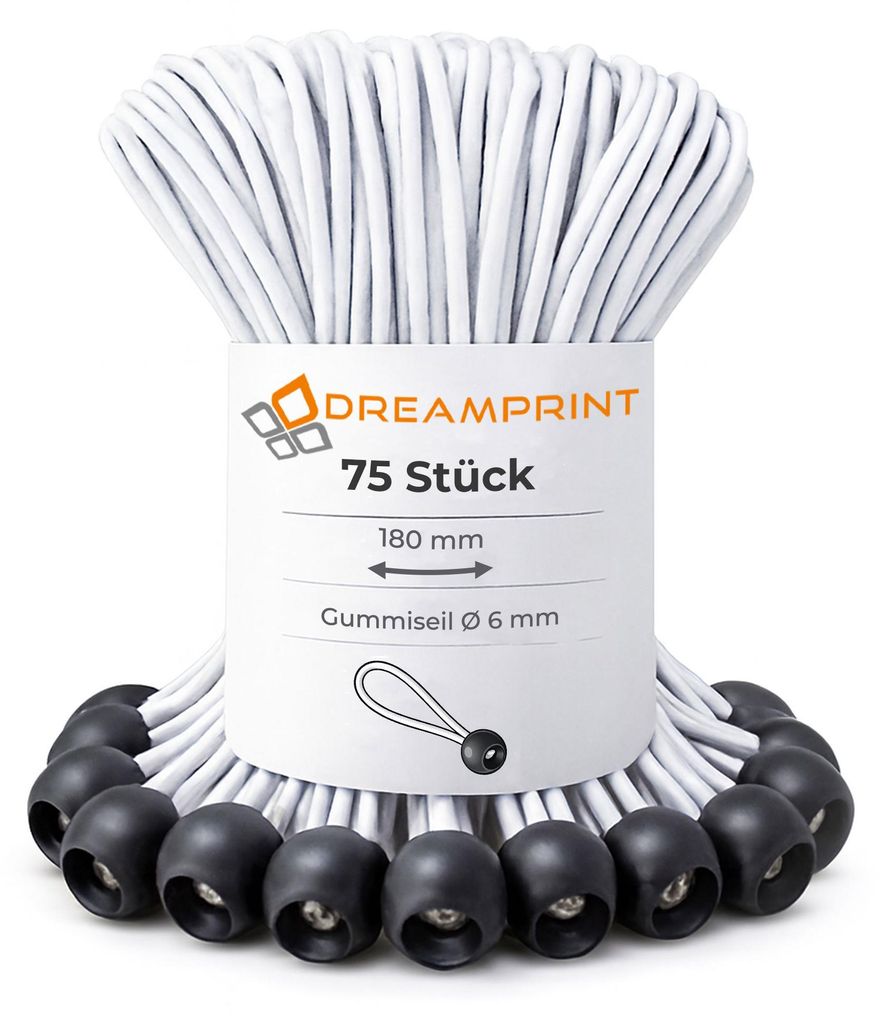 Dreamprint 75 Stück Spanngummi mit Kugel 180mm Ø 6mm schwarz-weiß Expander-Schlingen Gummi Seile Planenspanner Gummischlaufen