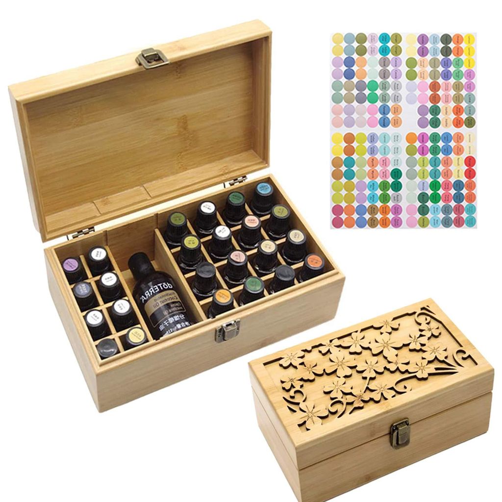 Aufbewahrungsbox aus Bambus für ätherische Öle und Aromatherapie – Holzbox für 25 Fläschchen – idealer Organizer für Reisen und als Gesch...