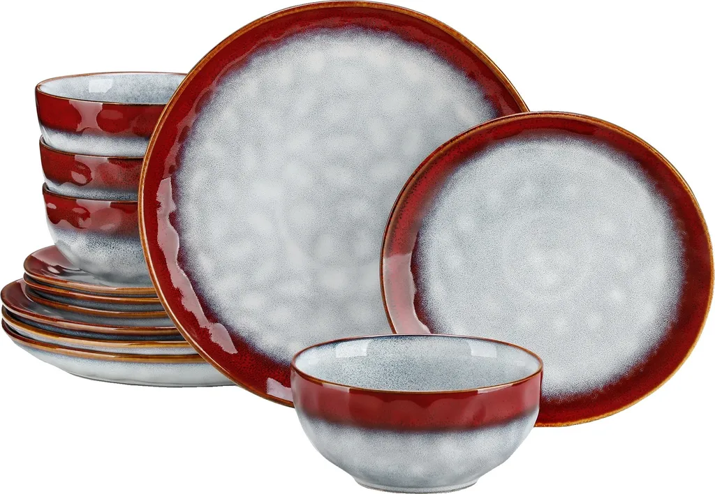 Vaisselle complète rouge en céramique, service de table chic 12 pièces