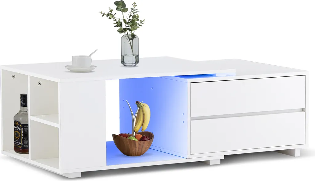 CLIPOP Table basse extensible blanche LED - 4 Tiroirs et Étagère Bois