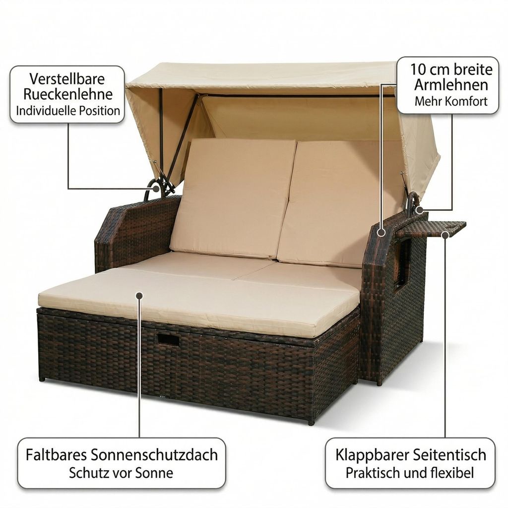 Mucola Strandkorb Rattan Sonnenliege Braun