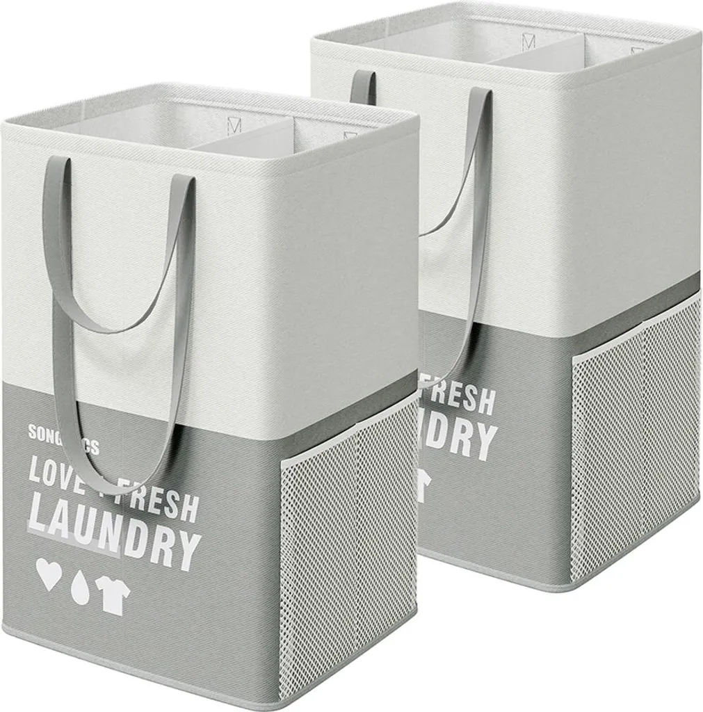 Lot de 2 Paniers à Linge 2 Compartiments Gris Clair - Tri Sélectif Facile