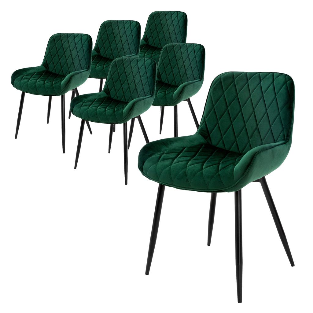 A set of six dark green velvet dining chairs with diamond quilting and black metal legs, arranged on a white background.