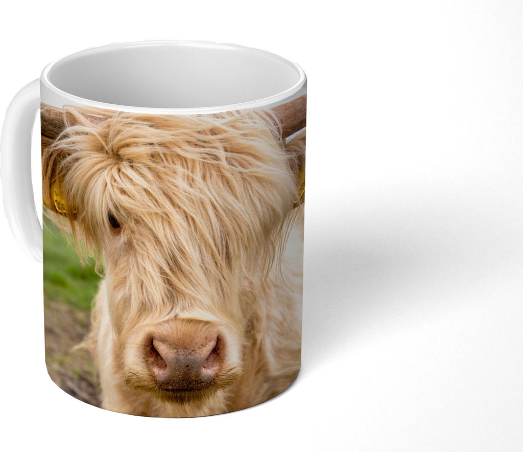 MuchoWow Tasse Kaffeetasse Kaffeebecher 350 ml Schottische Hochlandrind - Licht - Landschaft Teetasse - Fototasse - Becher - Keramikbecher - Teeb...
