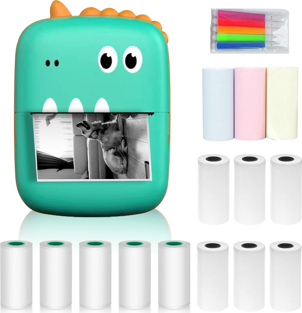 Mini-Drucker, Thermodrucker, 200 dpi Bluetooth Fotodrucker fuer Smartphone mit 9 Papierrollen 57 mm + 5 selbstklebende Papierrollen + 5 Stueck Farb...