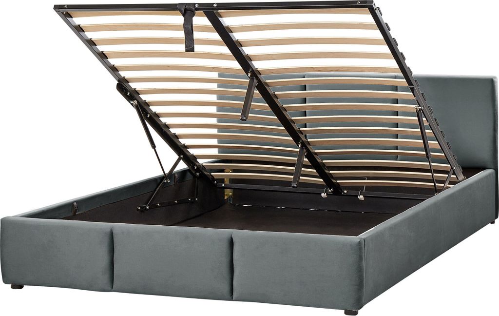 BELIANI Bett mit Bettkasten Dunkelgrau Samt Gepolstert 160 x 200 cm Lattenrost Hochklappbar Hohes Kopfteil Modern Schlafzimmer Möbel Ausstattung