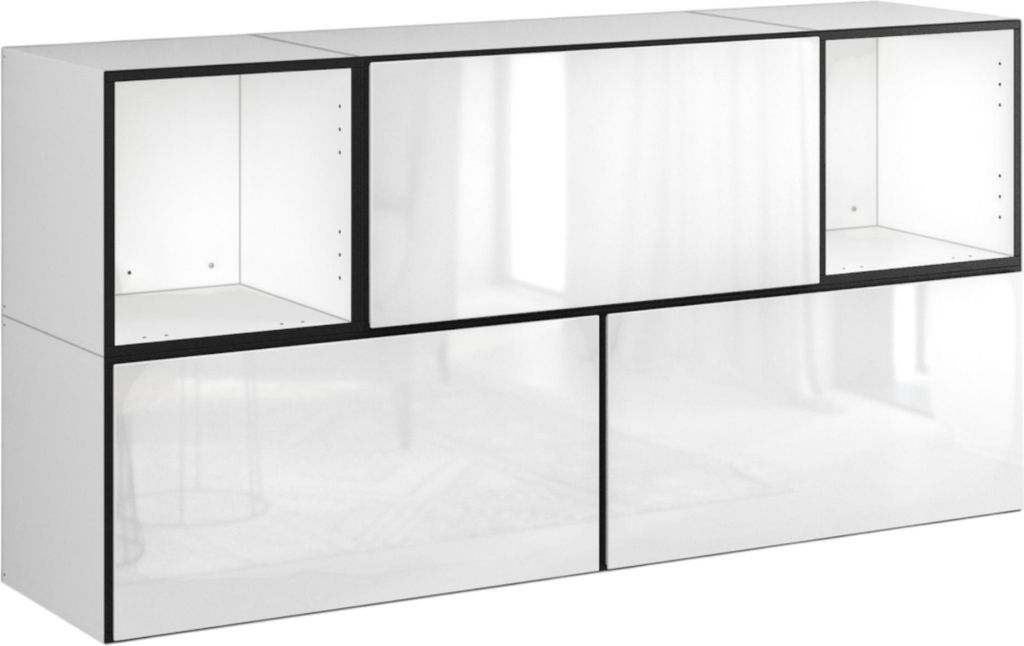 Sideboard VARIANTO 2 Schrank Set 5 tlg., 152 cm, weiß matt / weiß Hochglanz, Kommode, 3 Schränke mit Klappen, 2 offene Regale