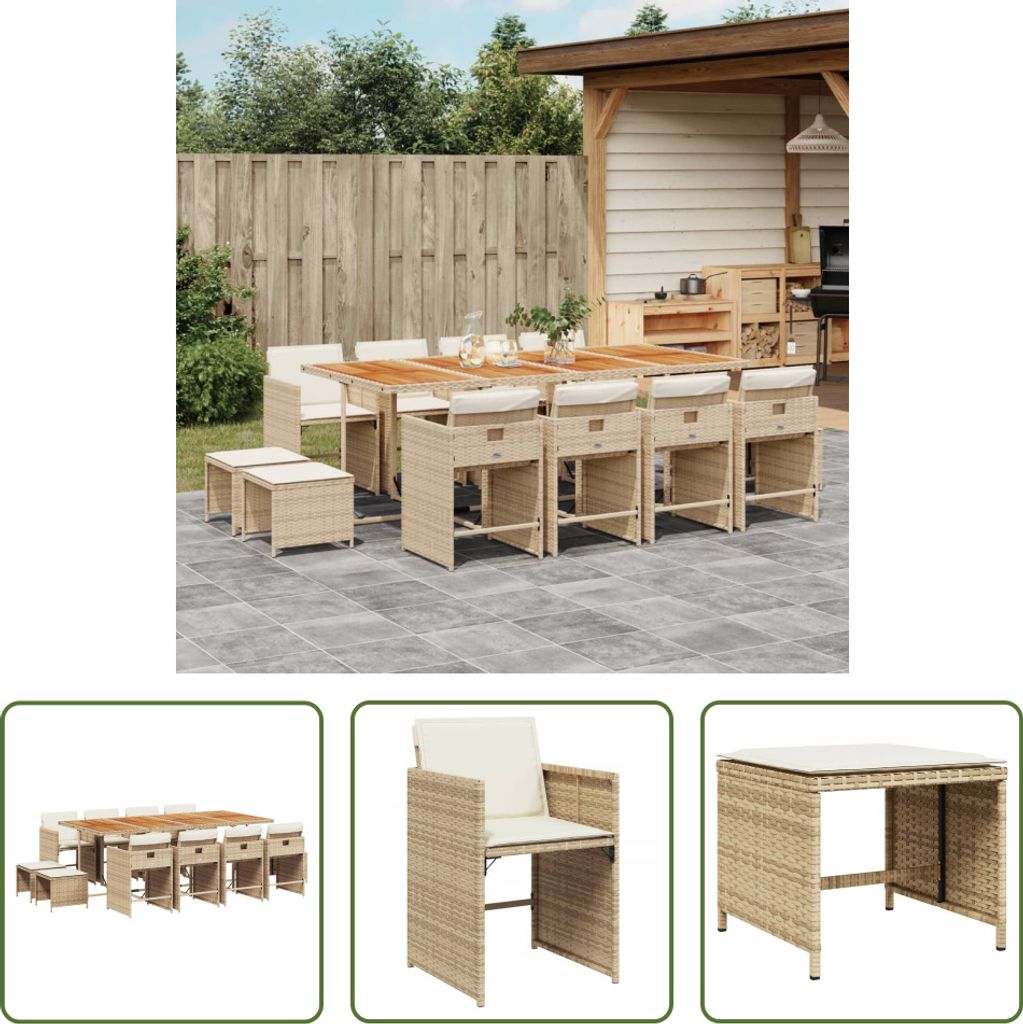 The Living Store 13-tlg. Garten-Essgruppe mit Kissen Beige Poly Rattan