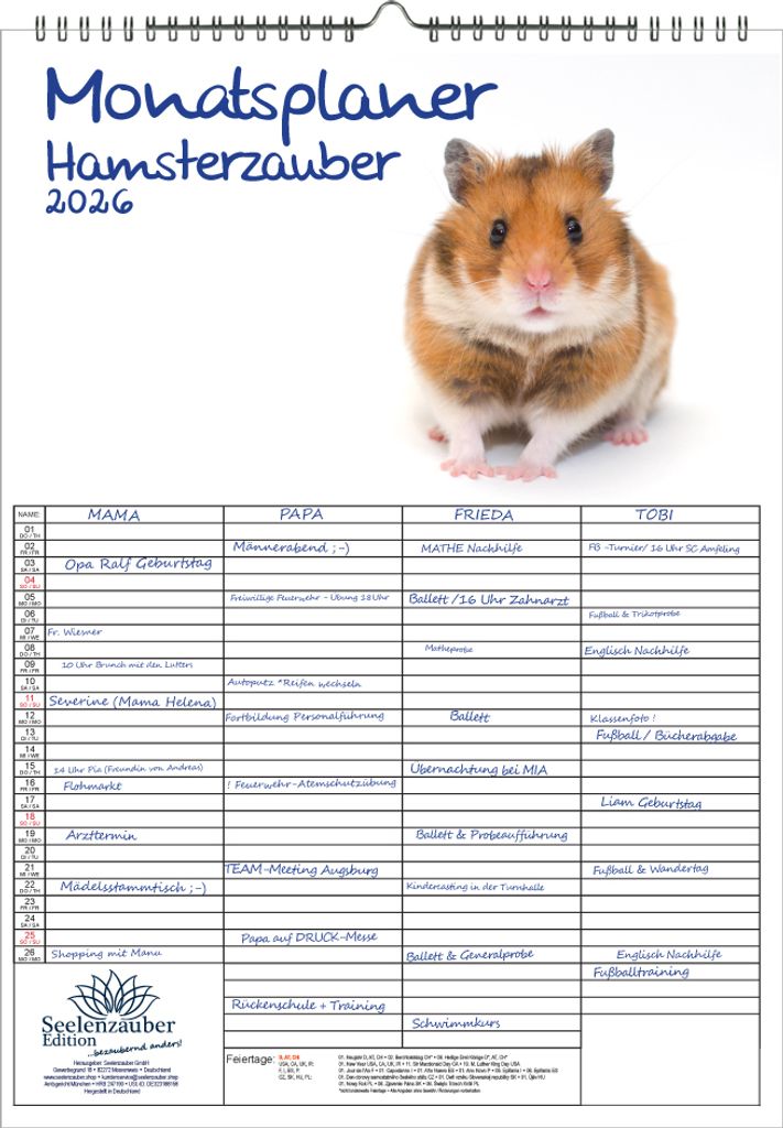 Hamsterzauber Planer Familienplaner 4 Spaltenplaner DIN A3 Kalender für 2026 Hamster - Seelenzauber
