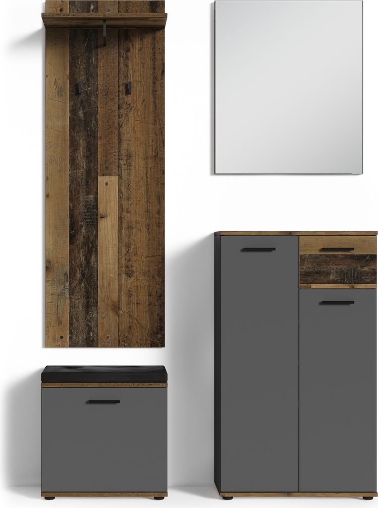 byLIVING 4-teiliges Garderobenset Jakob, in anthrazit/Old Wood, mit Spiegel, Schuhkommode, Wandpaneel und Sitzbank