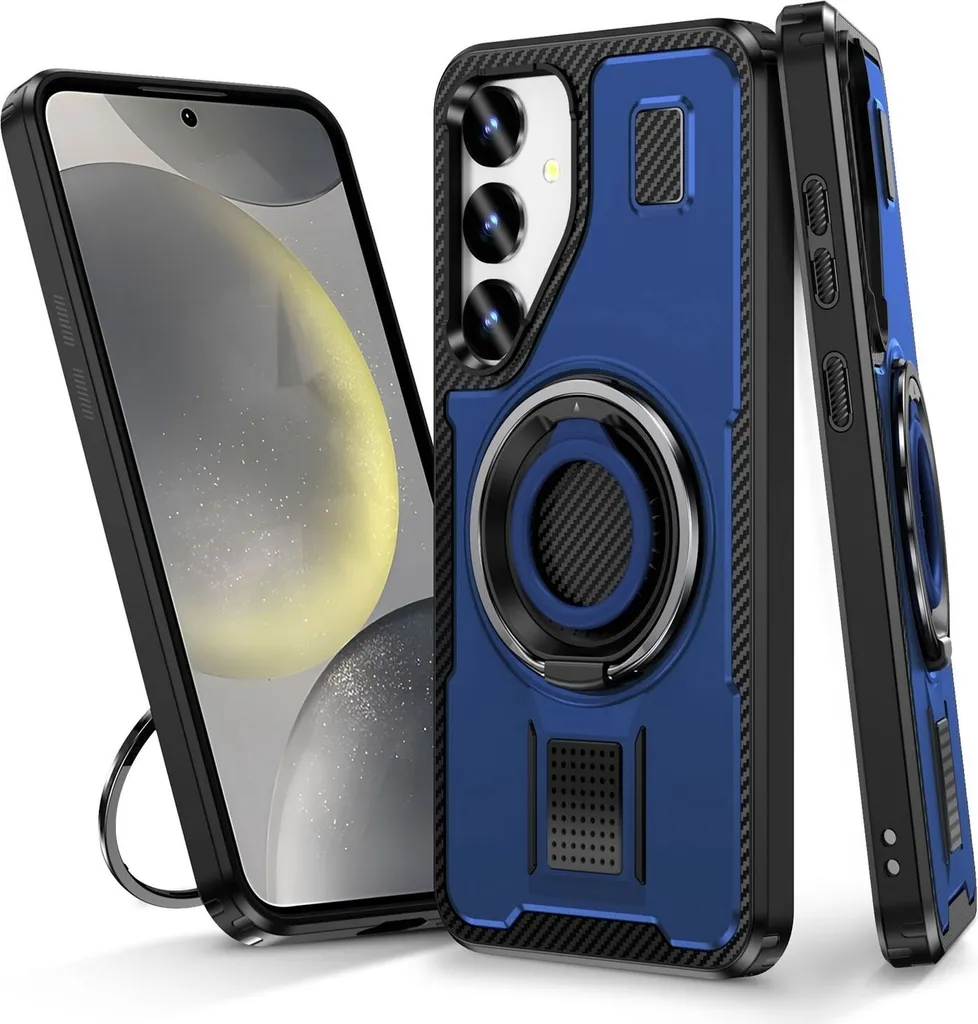 Cover Samsung S25 Plus 5G Blu Fibra Carbonio con Anello Supporto