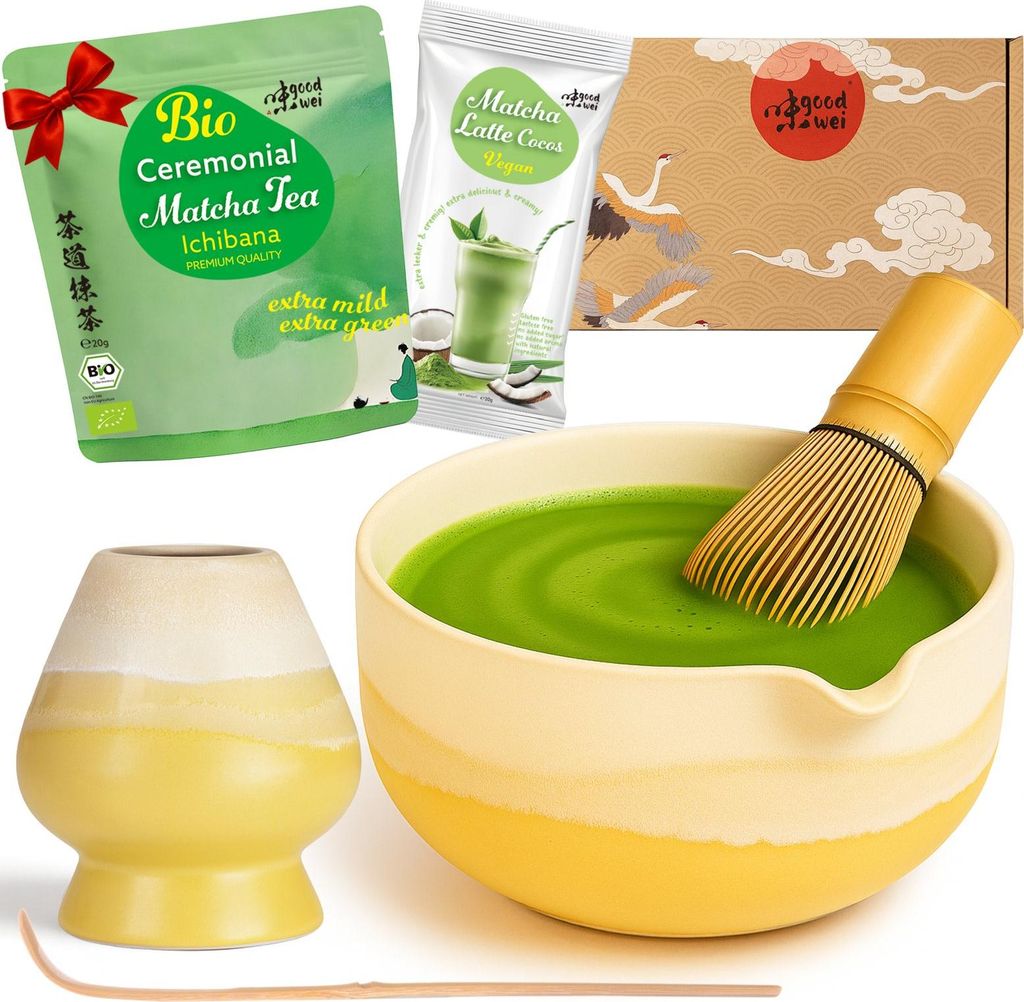 Matcha Latte Set "Fuji Yellow" mit Schale mit Ausgießer, Besen & Matchapulver + Cocos – Komplettset für Latte-Genuss & Teezeremonie