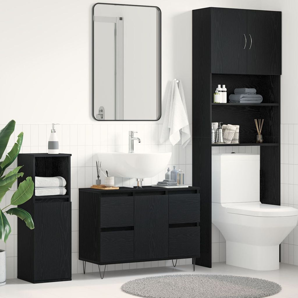 Waschbeckenunterschrank Schwarz Eiche 80x33x60 cm Holzwerkstoff, Badezimmerschränke DesignMöbel Neu
