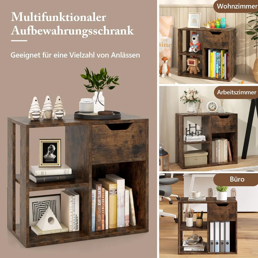 Bibliothèque Basse à 3 Compartiments et Tiroir en Bois Brun Stable 60cm - 7