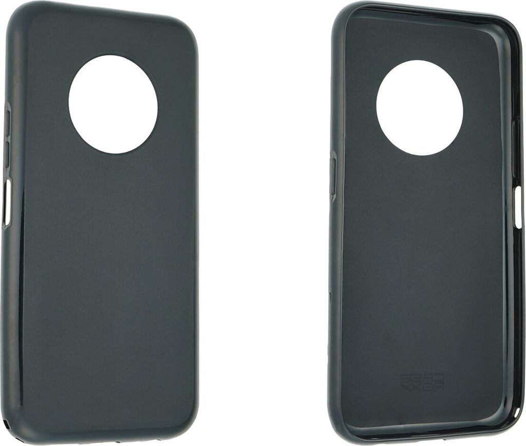 Two views of a black phone case against a white background.